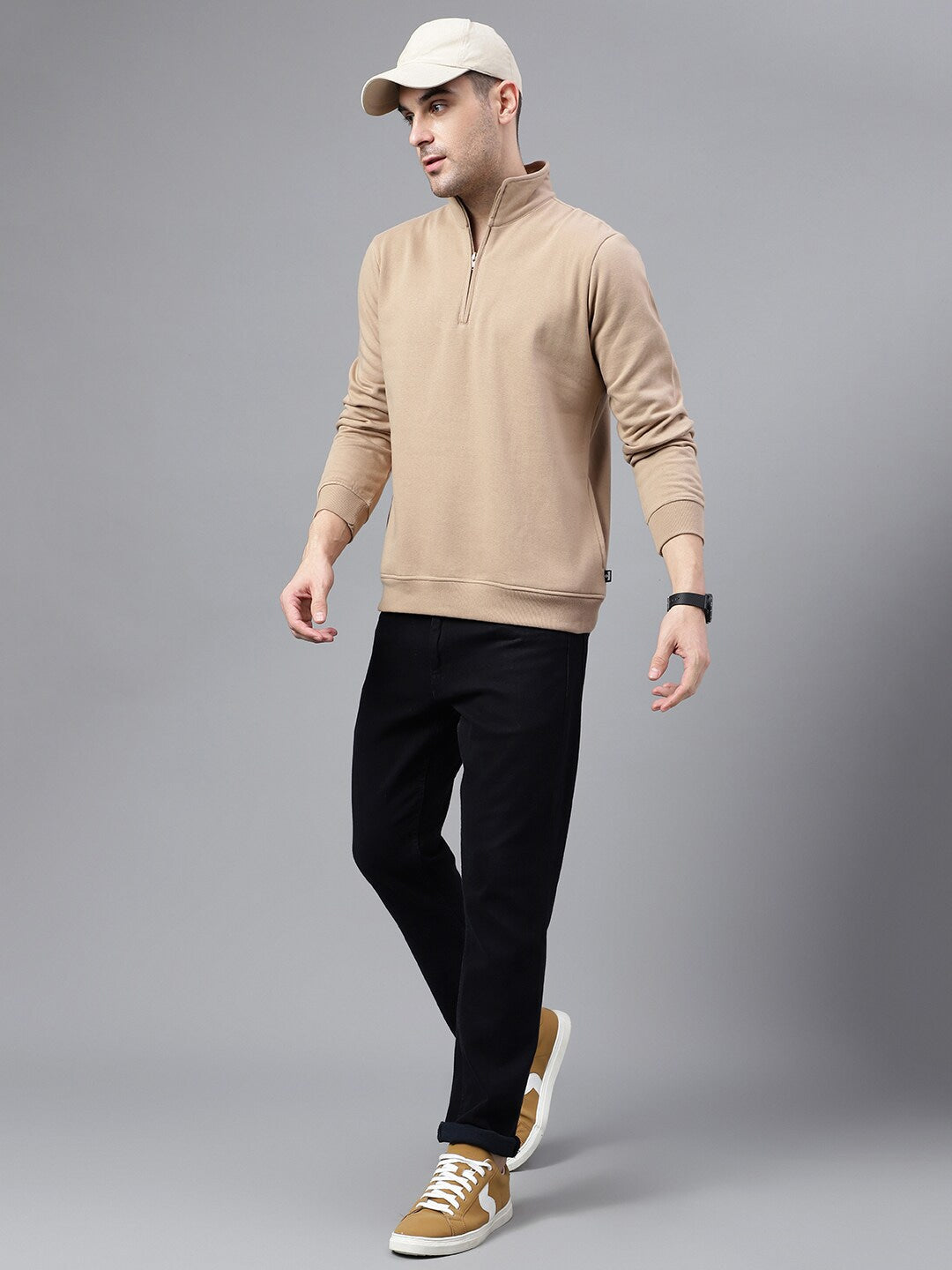 Men Beige Solid Half Zipper Long Sleeves Fleece Sweatshirt