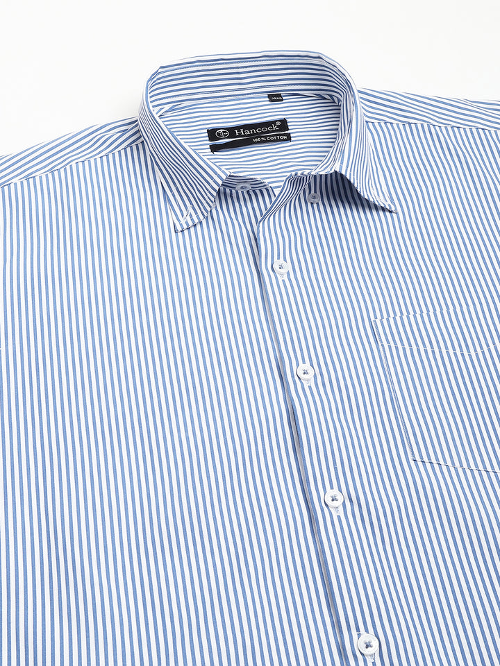 Men White & Blue Pure Cotton Candy Striped Button- Down Collar Slim Fit Casual Shirt