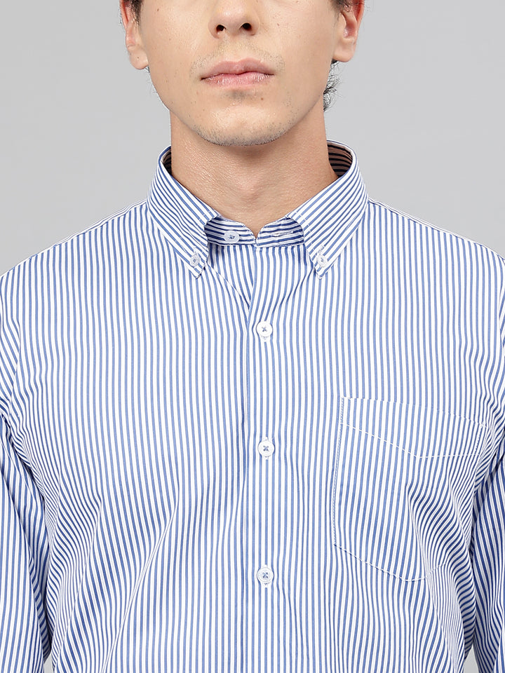 Men White & Blue Pure Cotton Candy Striped Button- Down Collar Slim Fit Casual Shirt