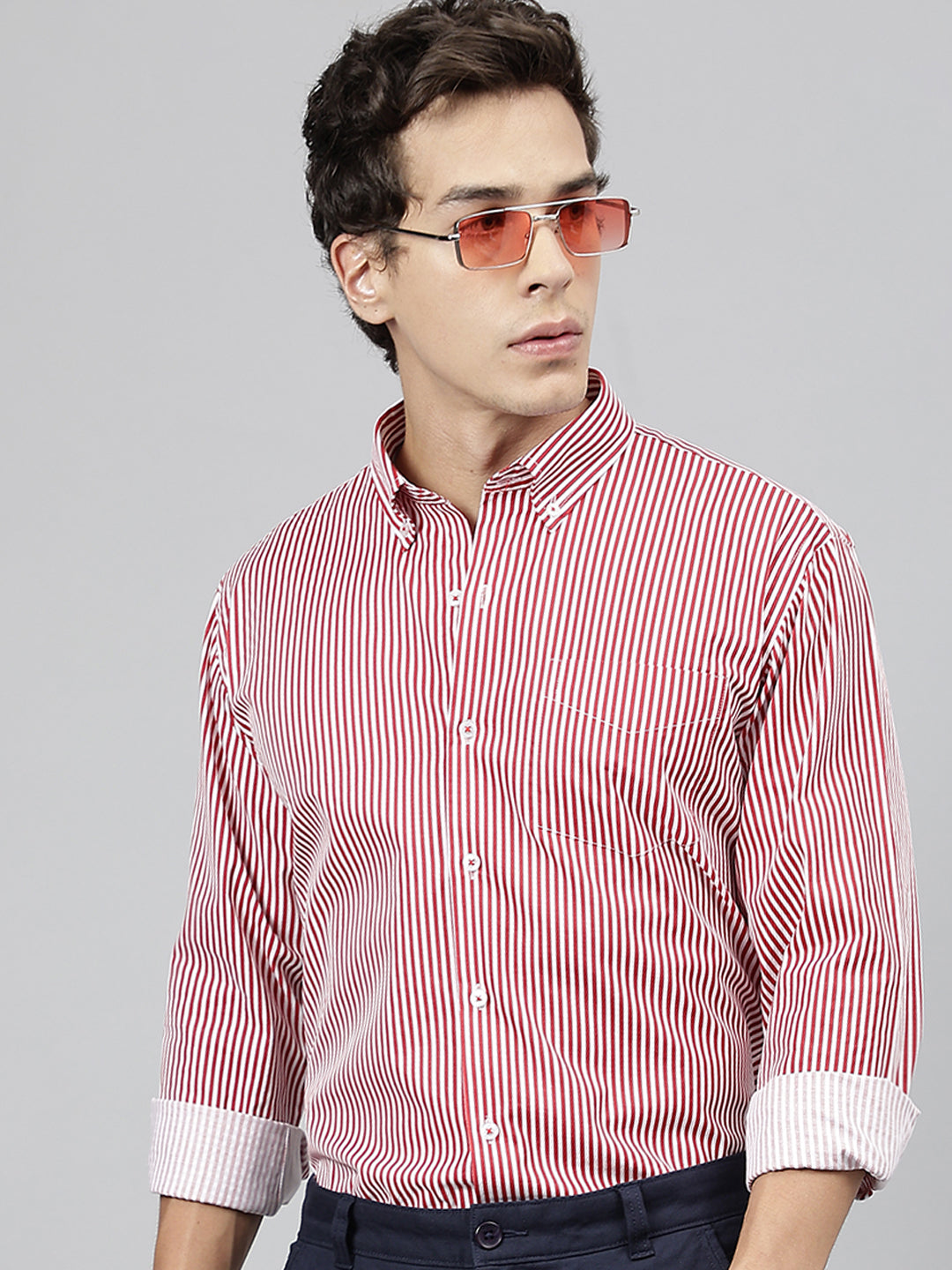 Men White & Red Pure Cotton Candy Striped Button-Down Collar Slim Fit Casual Shirt