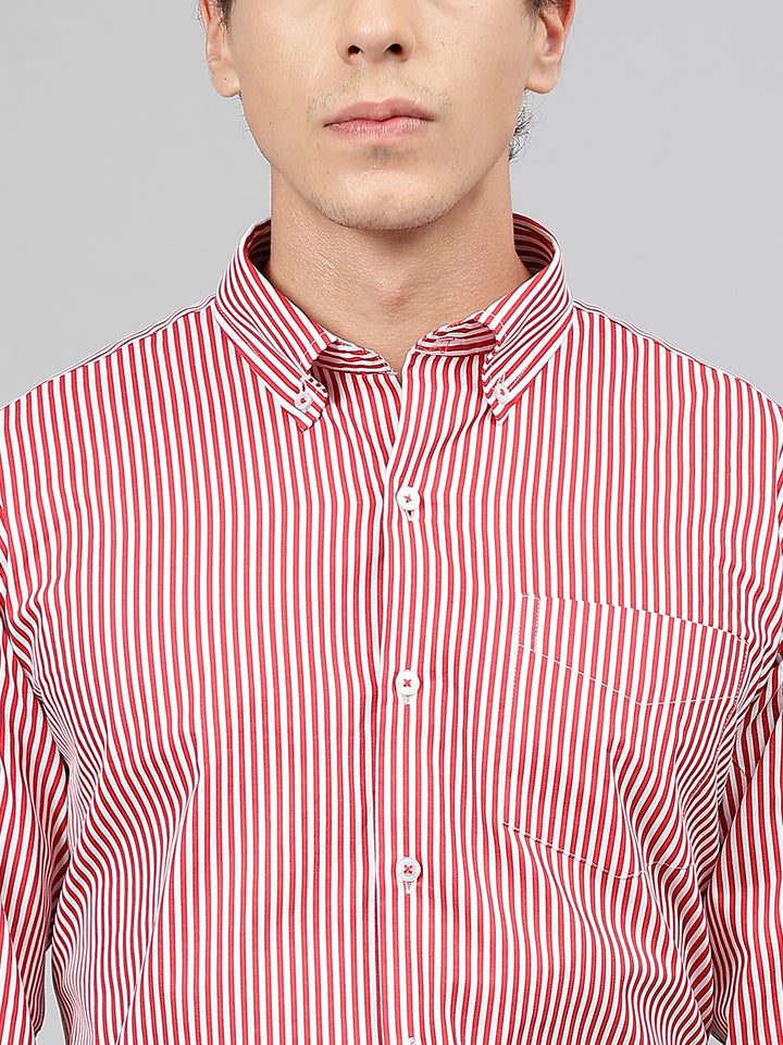 Men White & Red Pure Cotton Candy Striped Button-Down Collar Slim Fit Casual Shirt