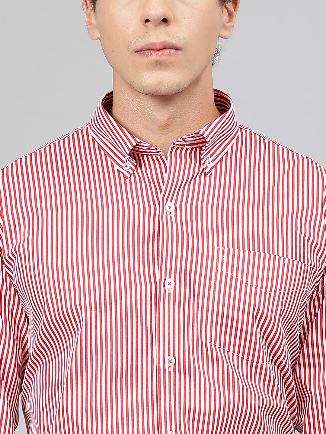 Men White Red Pure Cotton Candy Striped Button-Down Collar Slim Fit Casual Shirt