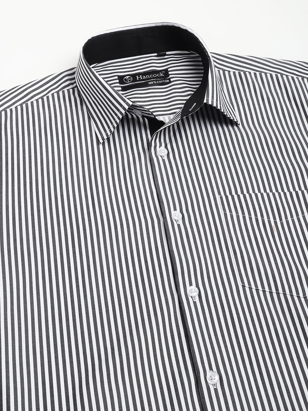 Men White & Black Pure Cotton Candy Striped Regular Collar Slim Fit Formal Shirt