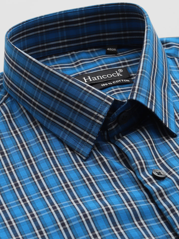 Men Blue Windowpane Checked Pure Cotton Slim Fit Formal Shirt