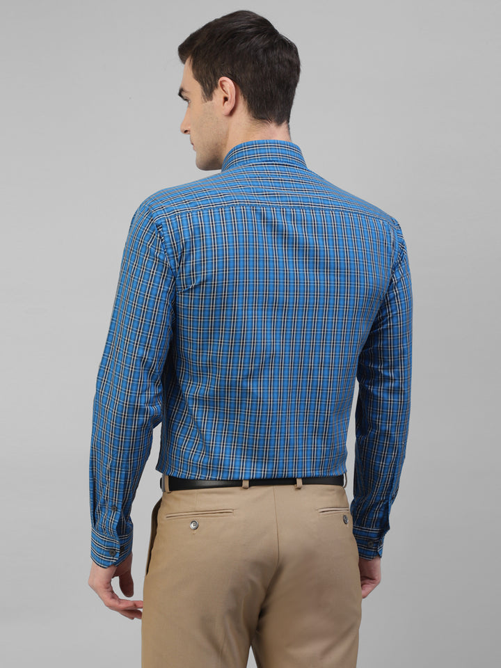 Men Blue Windowpane Checked Pure Cotton Slim Fit Formal Shirt