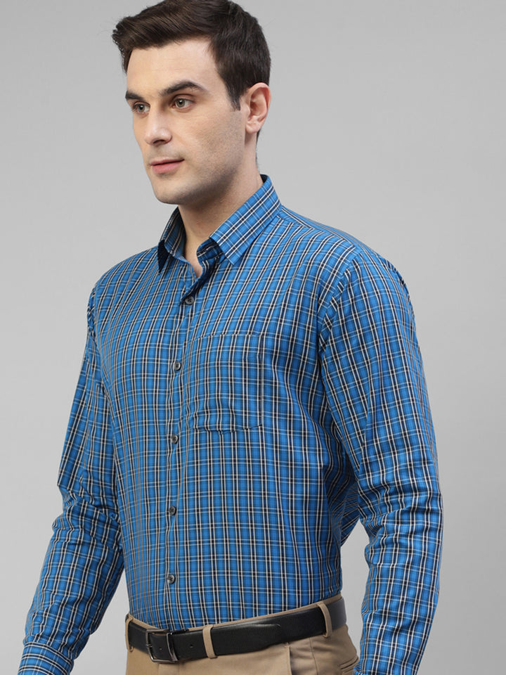 Men Blue Windowpane Checked Pure Cotton Slim Fit Formal Shirt