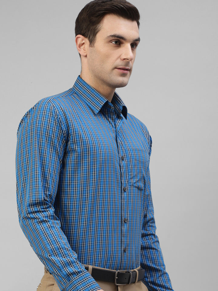 Men Blue Windowpane Checked Pure Cotton Slim Fit Formal Shirt