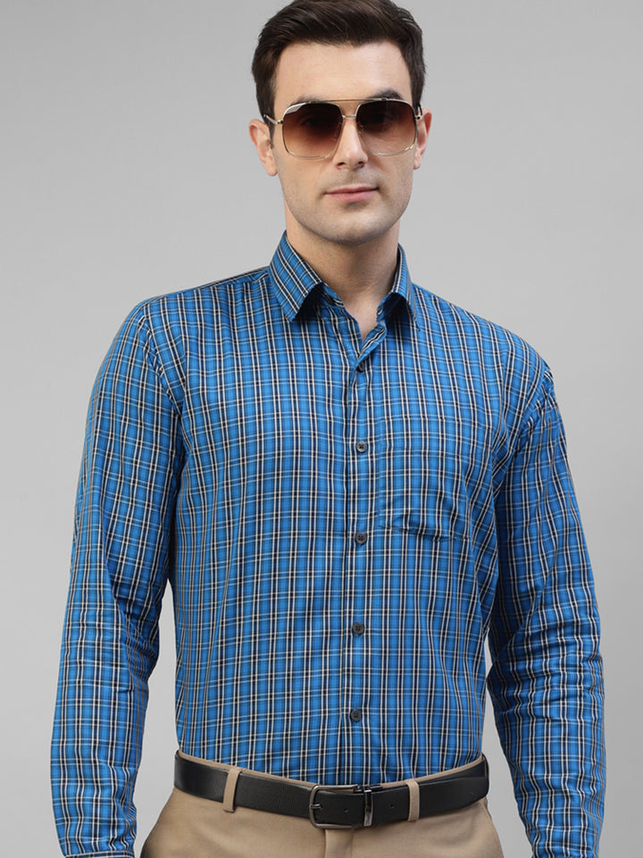 Men Blue Windowpane Checked Pure Cotton Slim Fit Formal Shirt