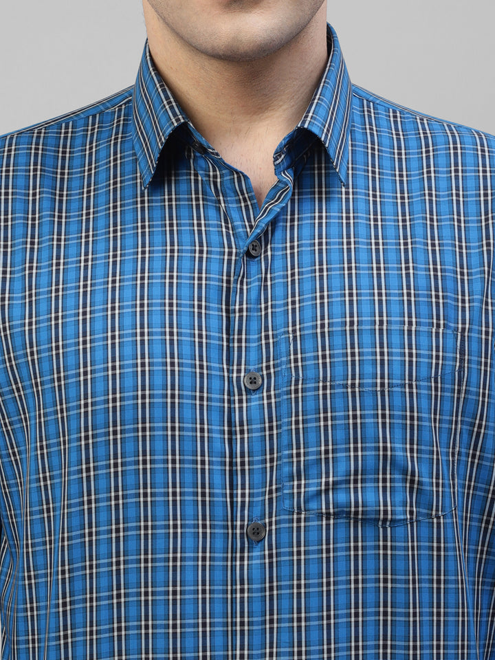 Men Blue Windowpane Checked Pure Cotton Slim Fit Formal Shirt