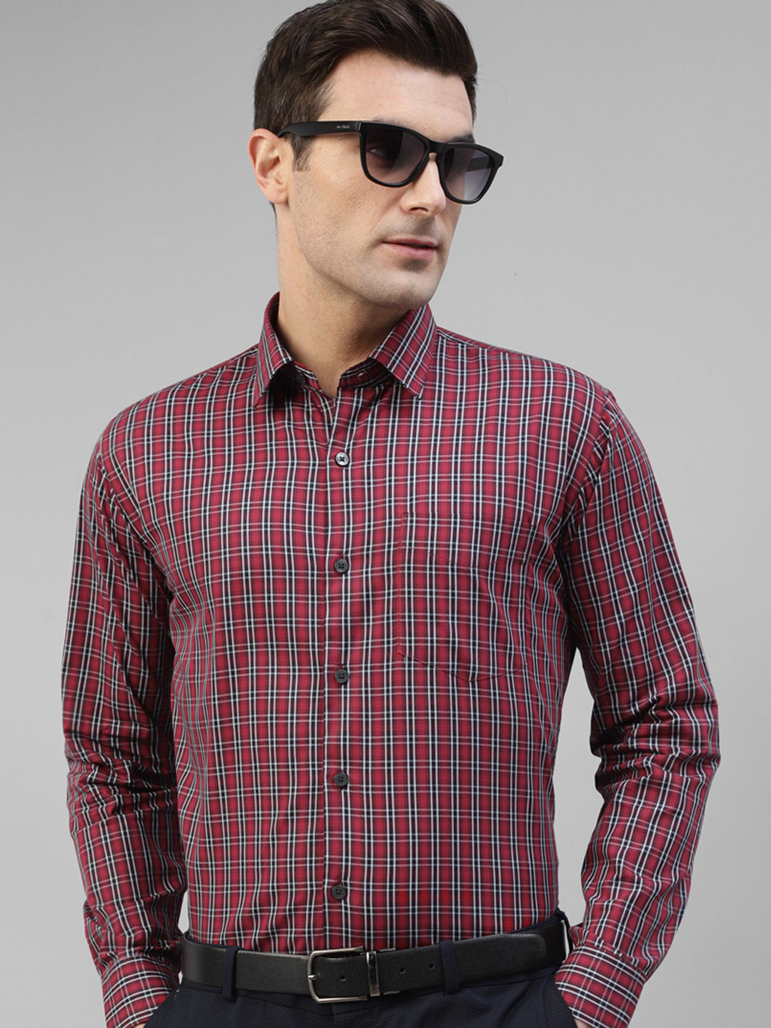 Men Maroon Windowpane Checked Pure Cotton Slim Fit Formal Shirt