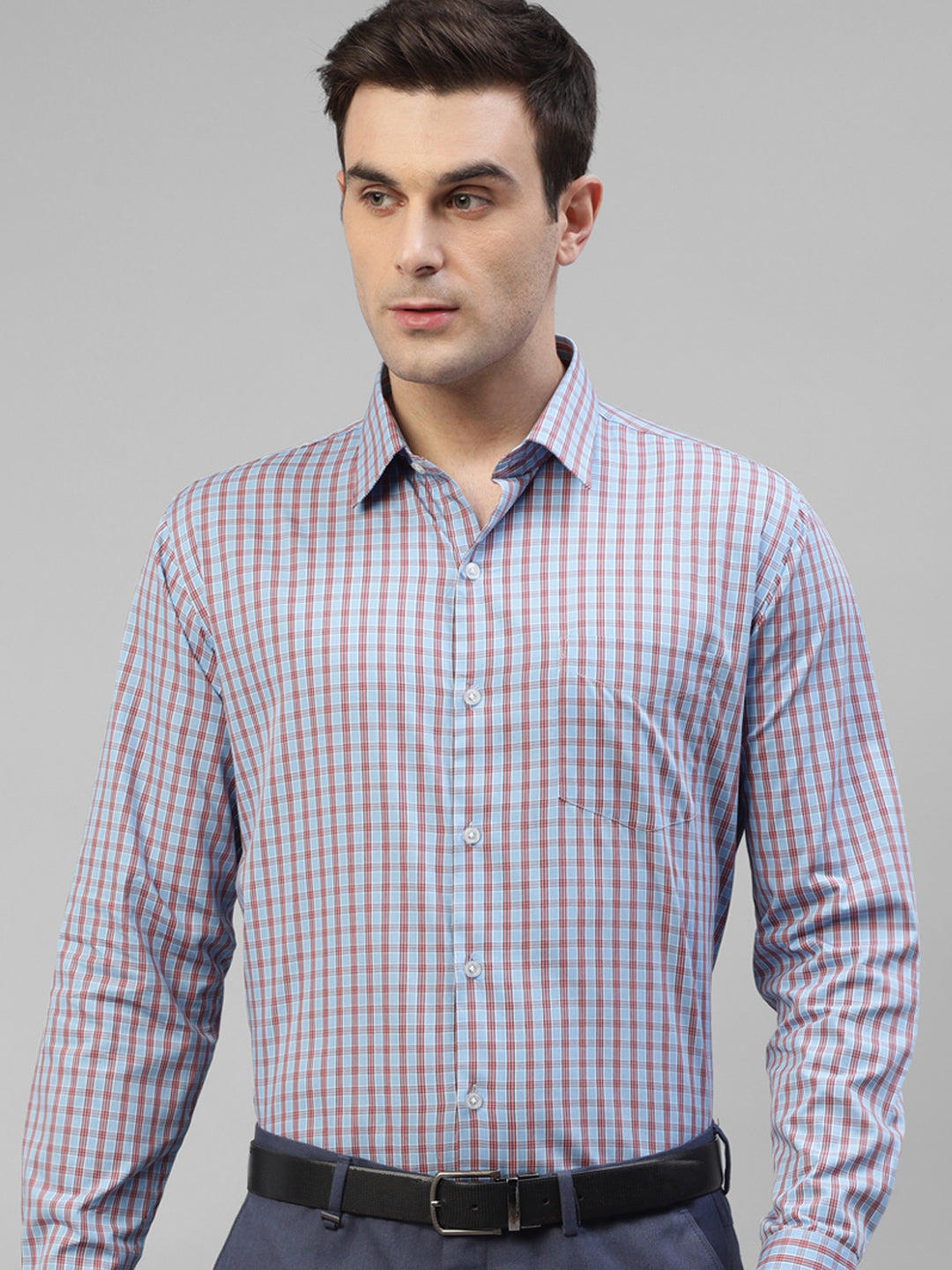 Men Blue Windowpane Checked Pure Cotton Slim Fit Formal Shirt