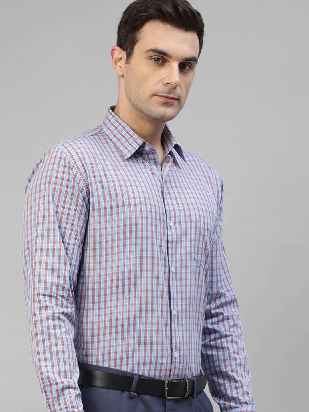 Men Blue Windowpane Checked Pure Cotton Slim Fit Formal Shirt