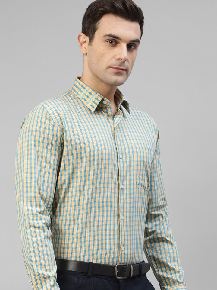 Men Yellow windowpane Checked Pure Cotton Slim Fit Formal Shirt