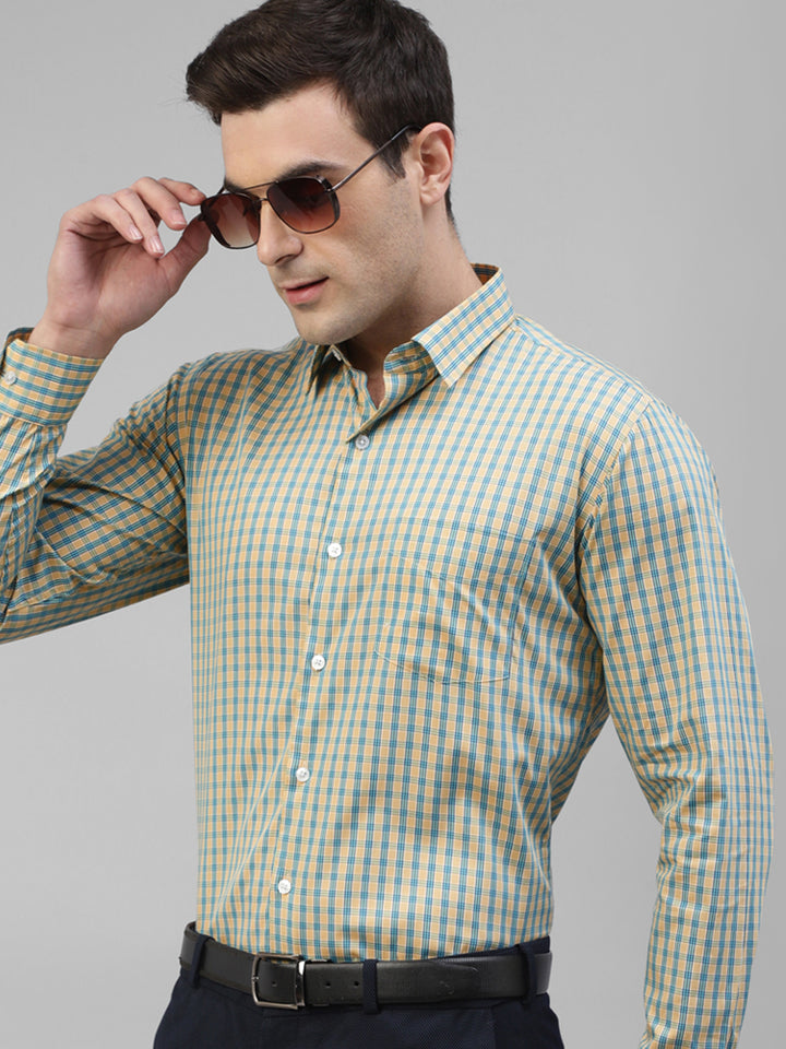 Men Yellow windowpane Checked Pure Cotton Slim Fit Formal Shirt