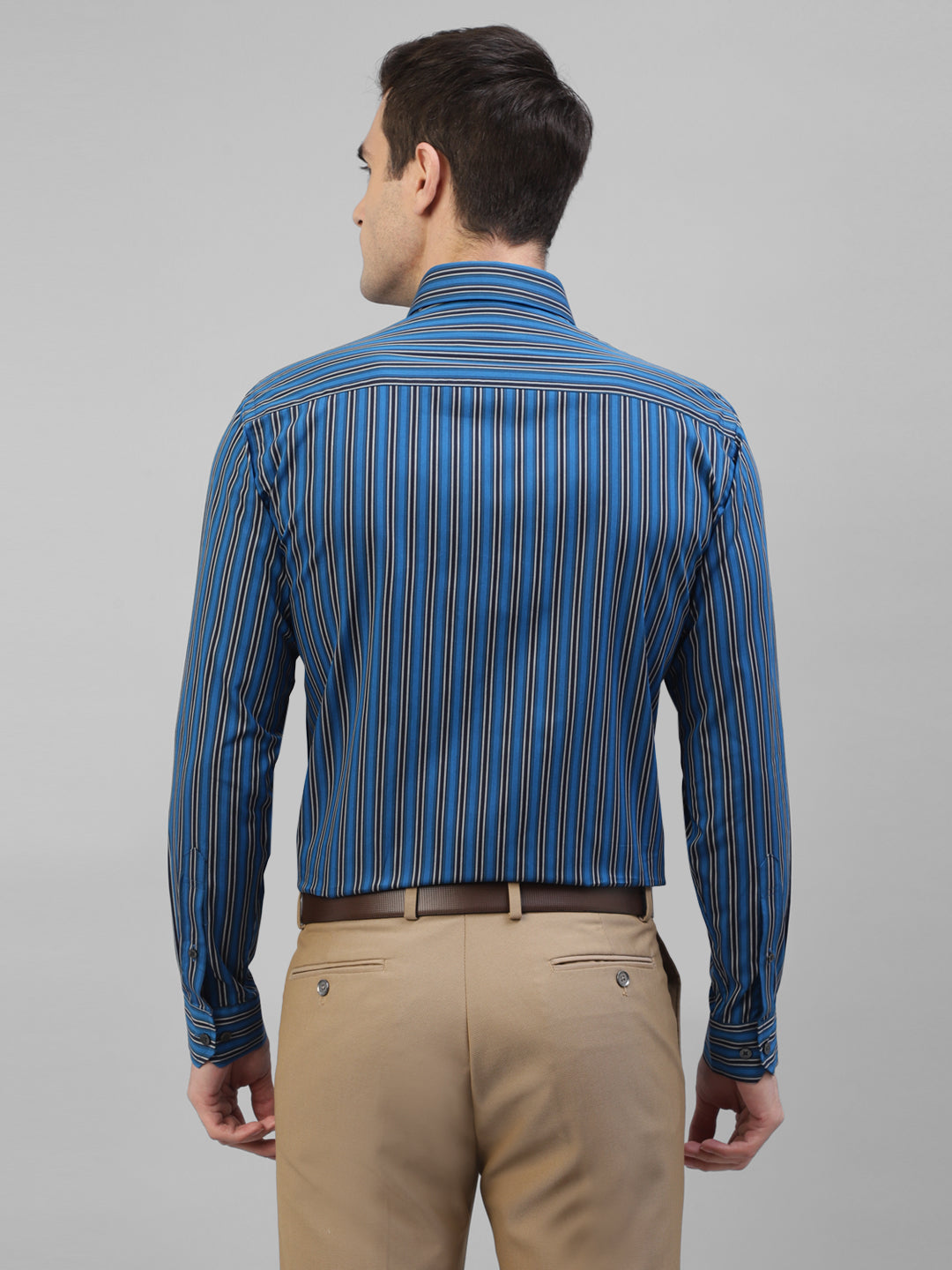 Men Blue Vertical Striped Pure Cotton Slim Fit Formal Shirt
