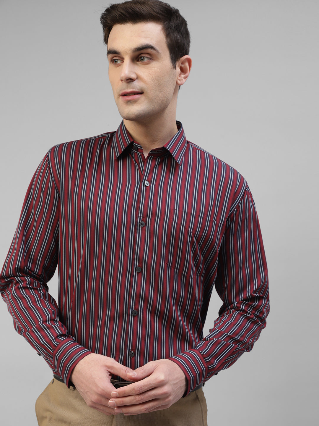 Men Blue Vertical Striped Pure Cotton Slim Fit Formal Shirt