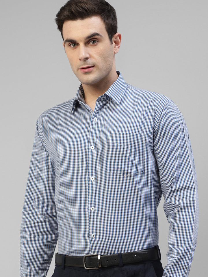 Men White & Blue Micro Checked Pure Cotton Slim Fit Formal Shirt