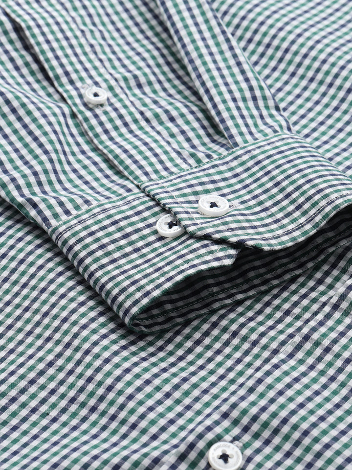 Men White & Green Micro Checked Pure Cotton Slim Fit Formal Shirt