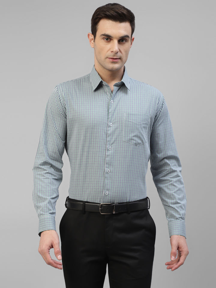 Men White & Green Micro Checked Pure Cotton Slim Fit Formal Shirt