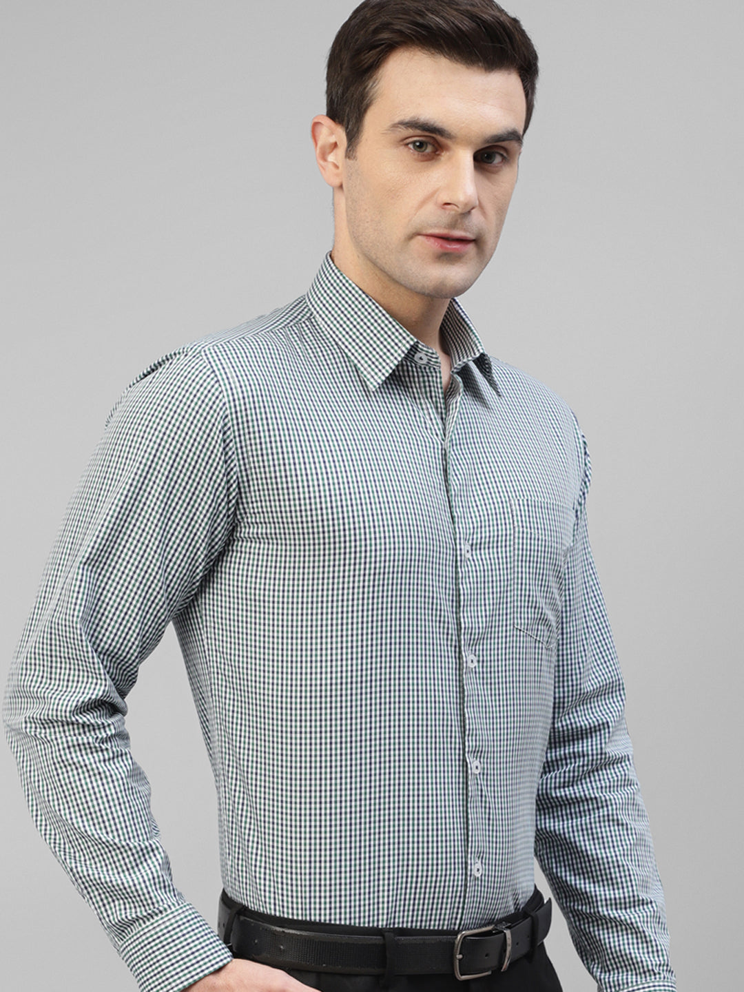 Men White & Green Micro Checked Pure Cotton Slim Fit Formal Shirt