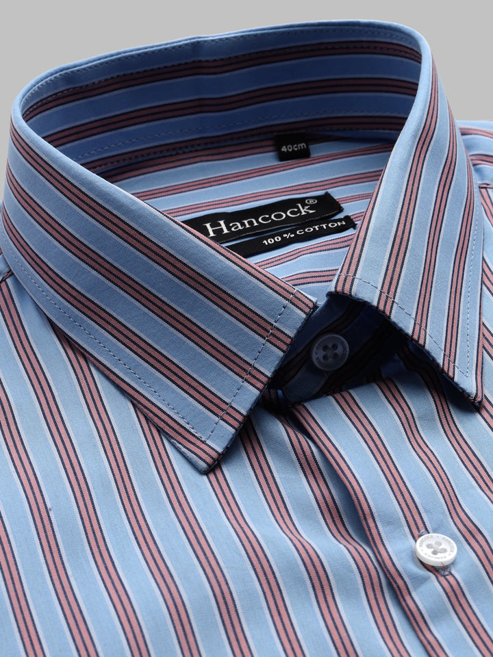 Men Blue Vertical Striped Pure Cotton Slim Fit Formal Shirt