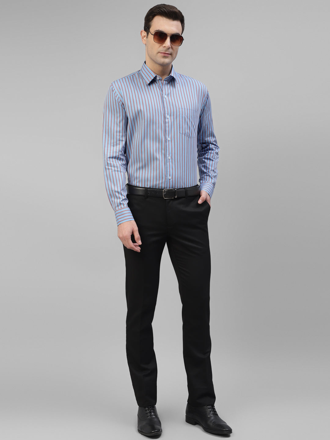 Men Blue Vertical Striped Pure Cotton Slim Fit Formal Shirt