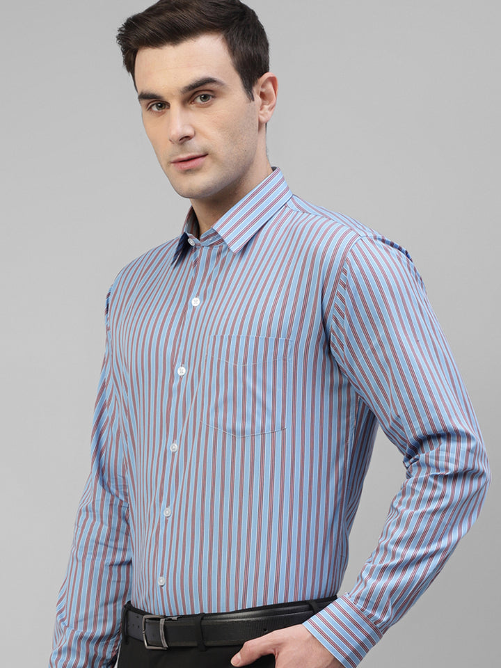 Men Blue Vertical Striped Pure Cotton Slim Fit Formal Shirt