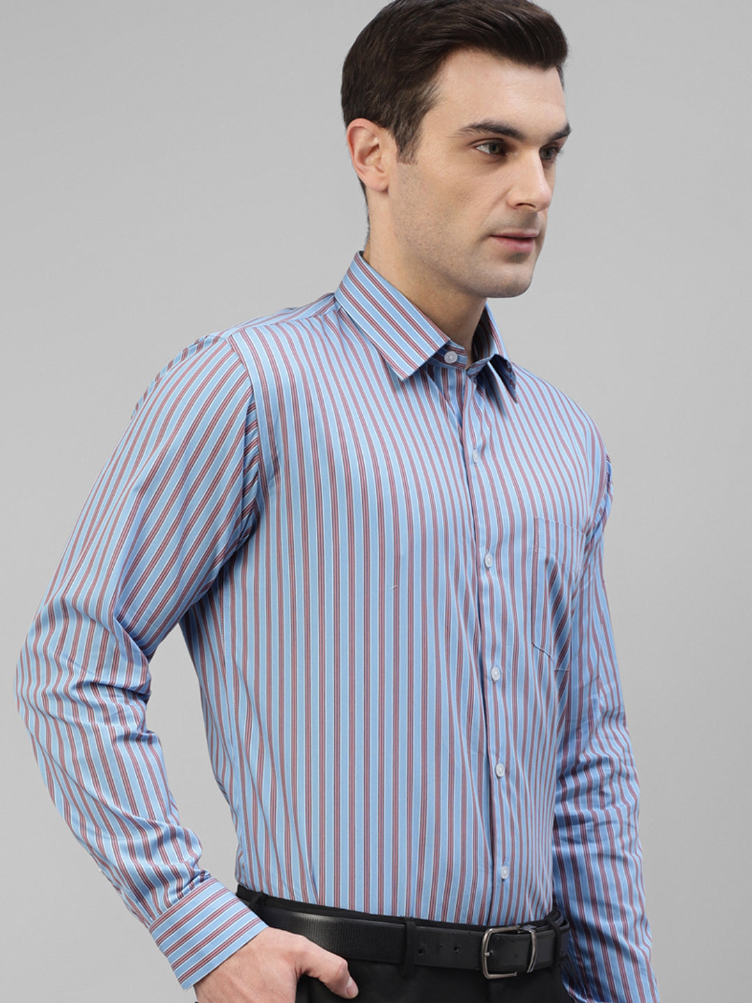 Men Blue Vertical Striped Pure Cotton Slim Fit Formal Shirt