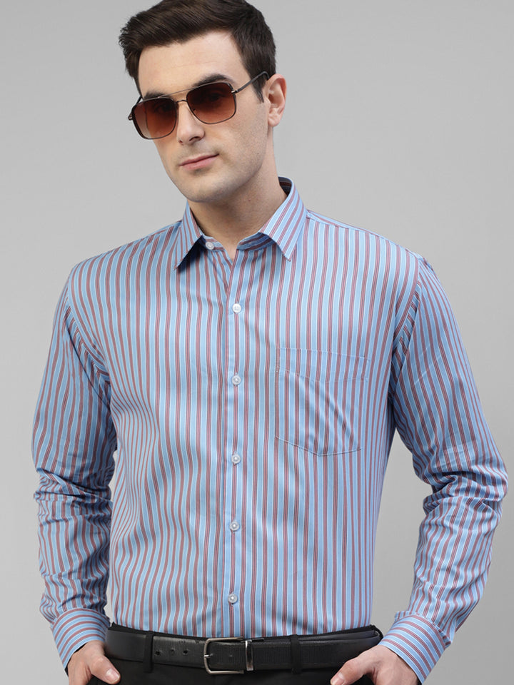 Men Blue Vertical Striped Pure Cotton Slim Fit Formal Shirt
