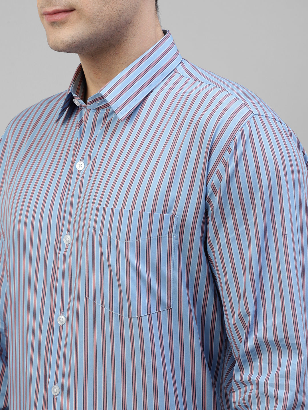 Men Blue Vertical Striped Pure Cotton Slim Fit Formal Shirt