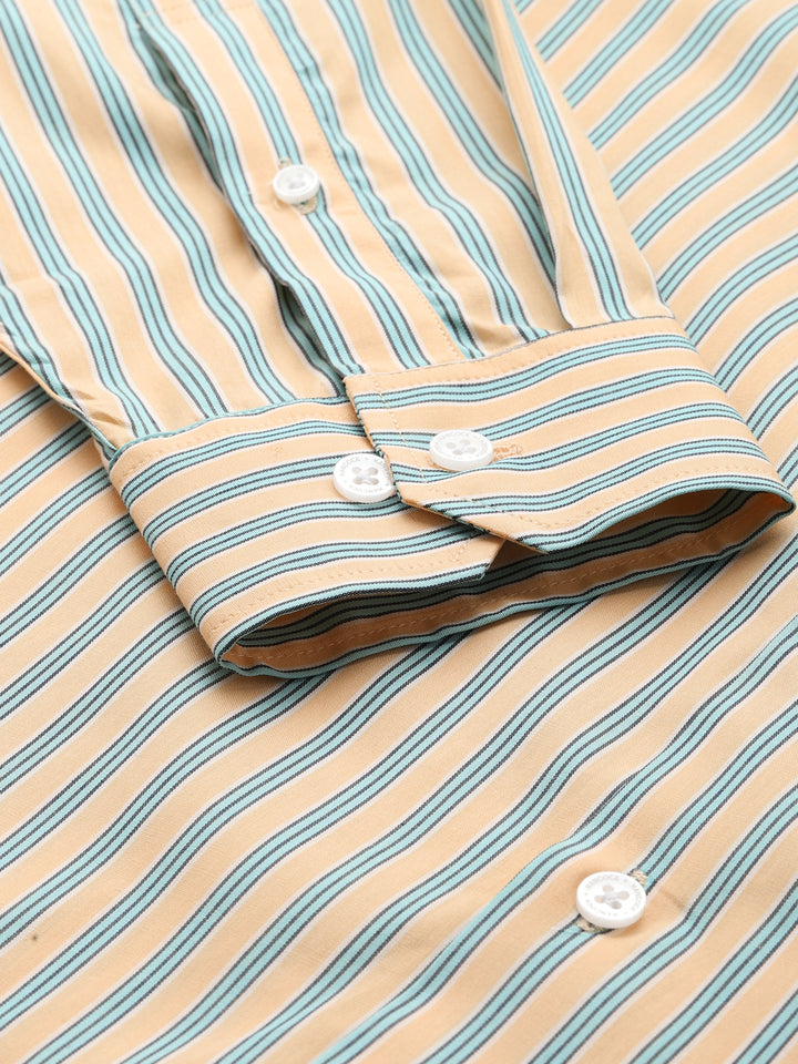 Men Yellow Vertical Striped Pure Cotton Slim Fit Formal Shirt