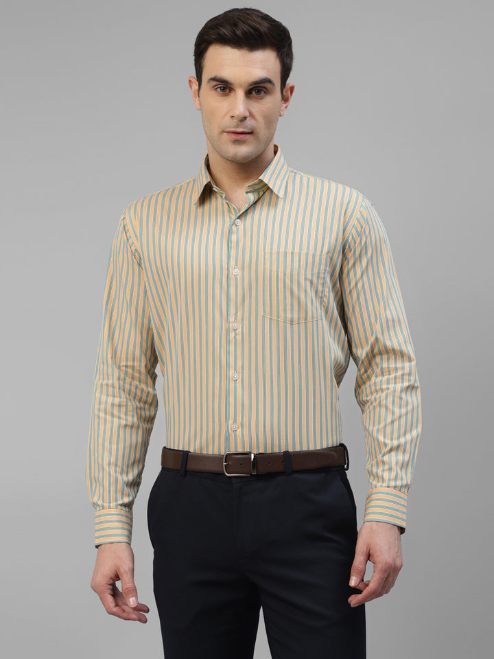 Men Yellow Vertical Striped Pure Cotton Slim Fit Formal Shirt