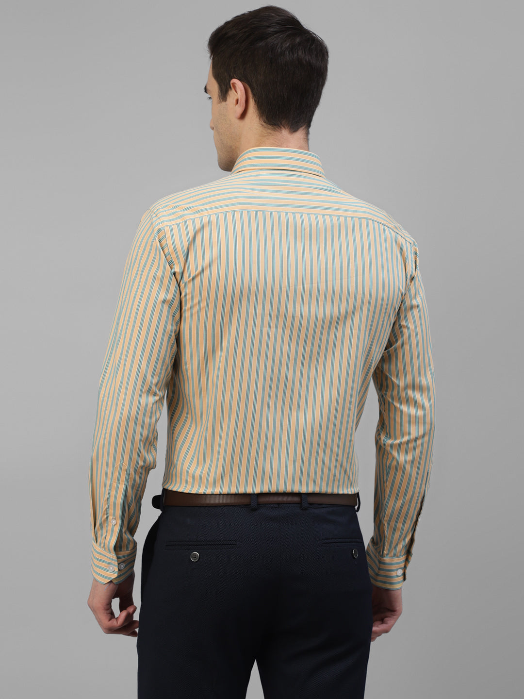 Men Yellow Vertical Striped Pure Cotton Slim Fit Formal Shirt