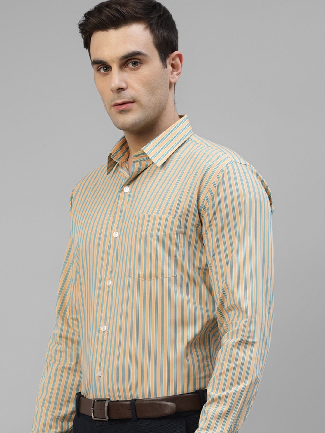 Men Yellow Vertical Striped Pure Cotton Slim Fit Formal Shirt