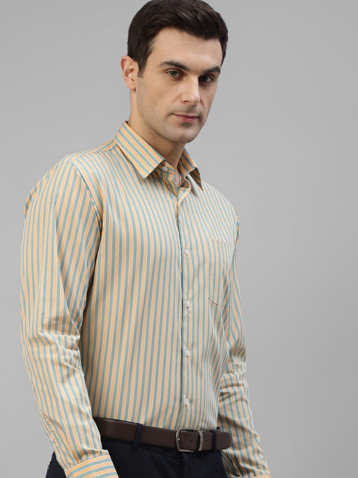 Men Yellow Vertical Striped Pure Cotton Slim Fit Formal Shirt