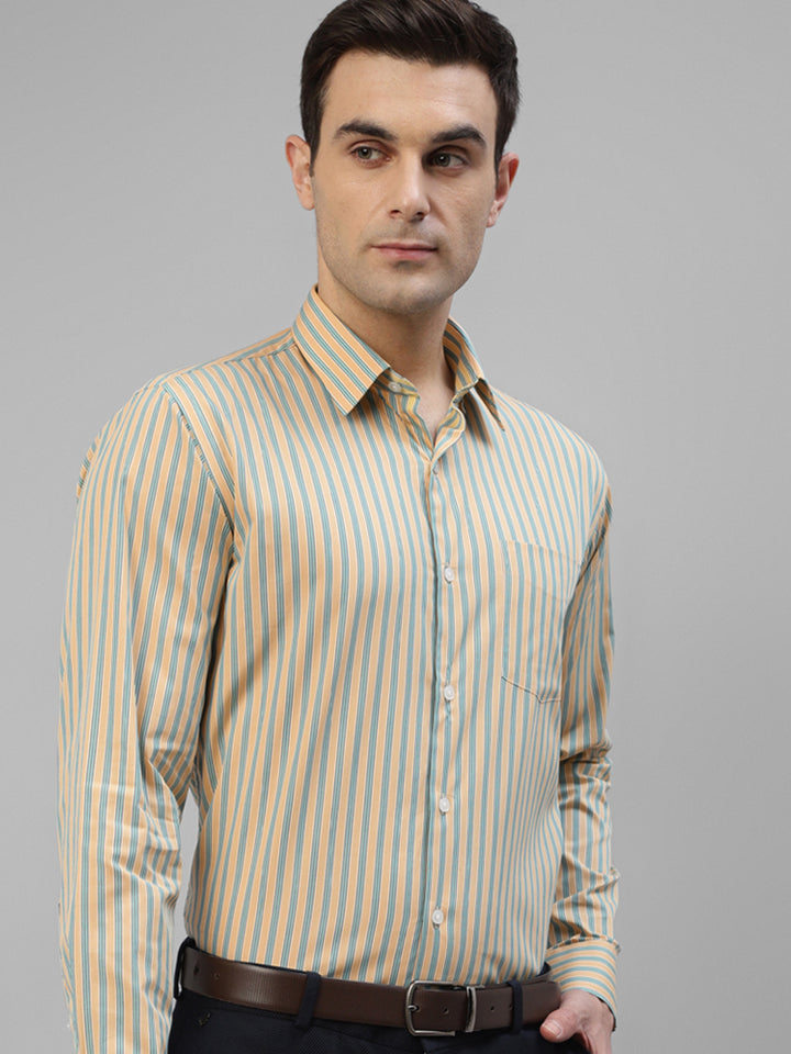 Men Yellow Vertical Striped Pure Cotton Slim Fit Formal Shirt