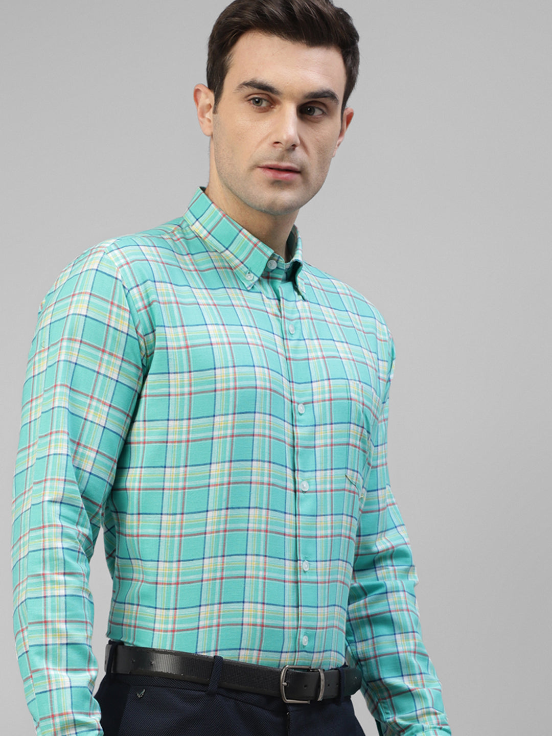 Men Green Windowpane Checked Linen Slim Fit Formal Shirt