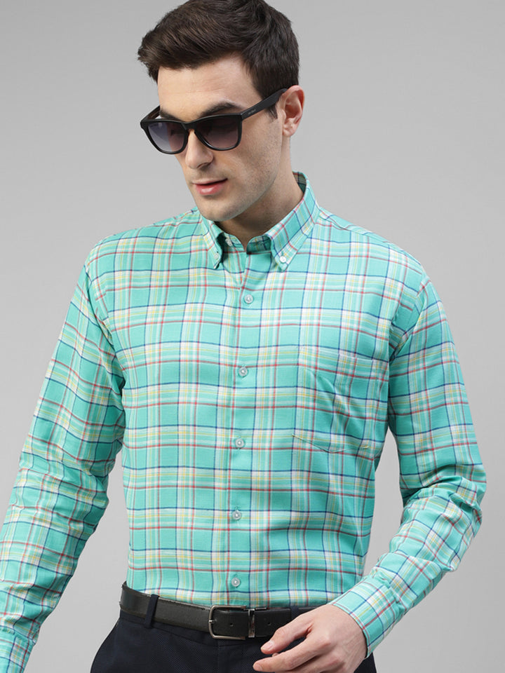 Men Green Windowpane Checked Linen Slim Fit Formal Shirt