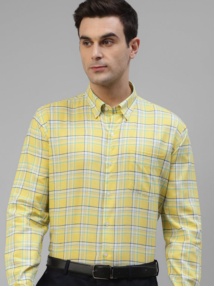 Men Yellow Windowpane Checked Linen Slim Fit Formal Shirt