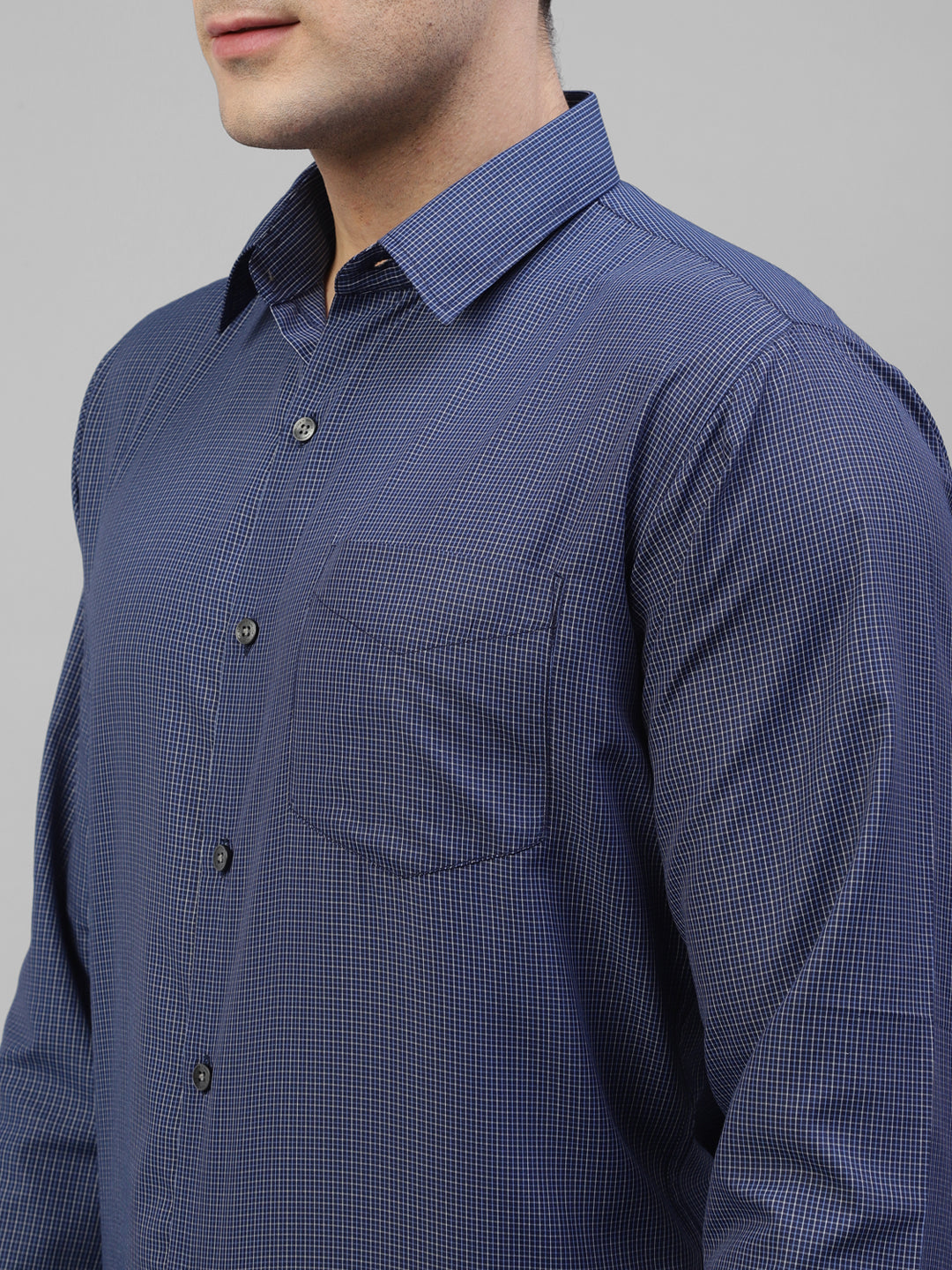 Men Navy Blue Micro Checked Wrinkle Resistant Slim Fit Formal Shirt