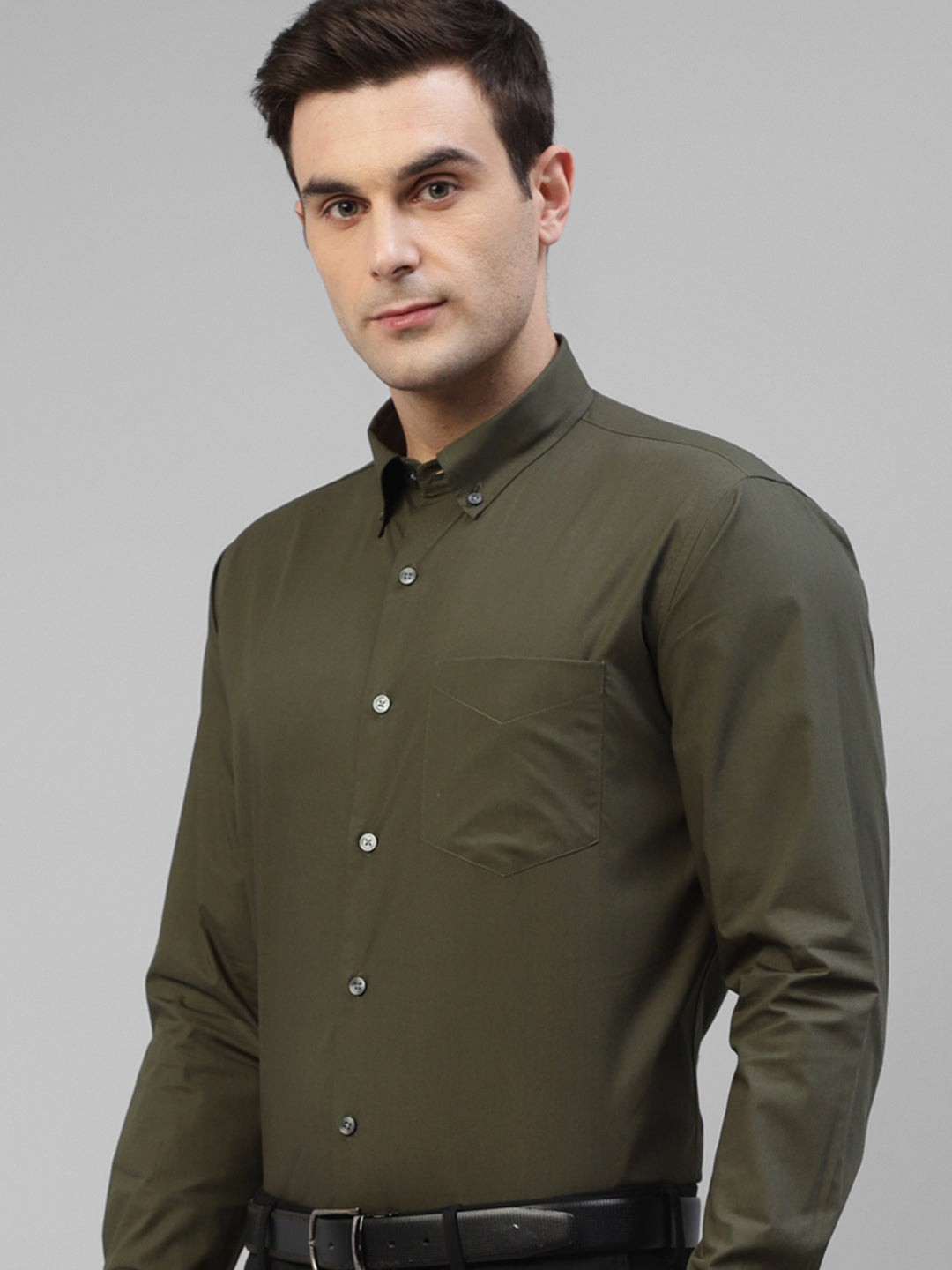 Men Olive Solid Pure Cotton Slim Fit Formal Shirt