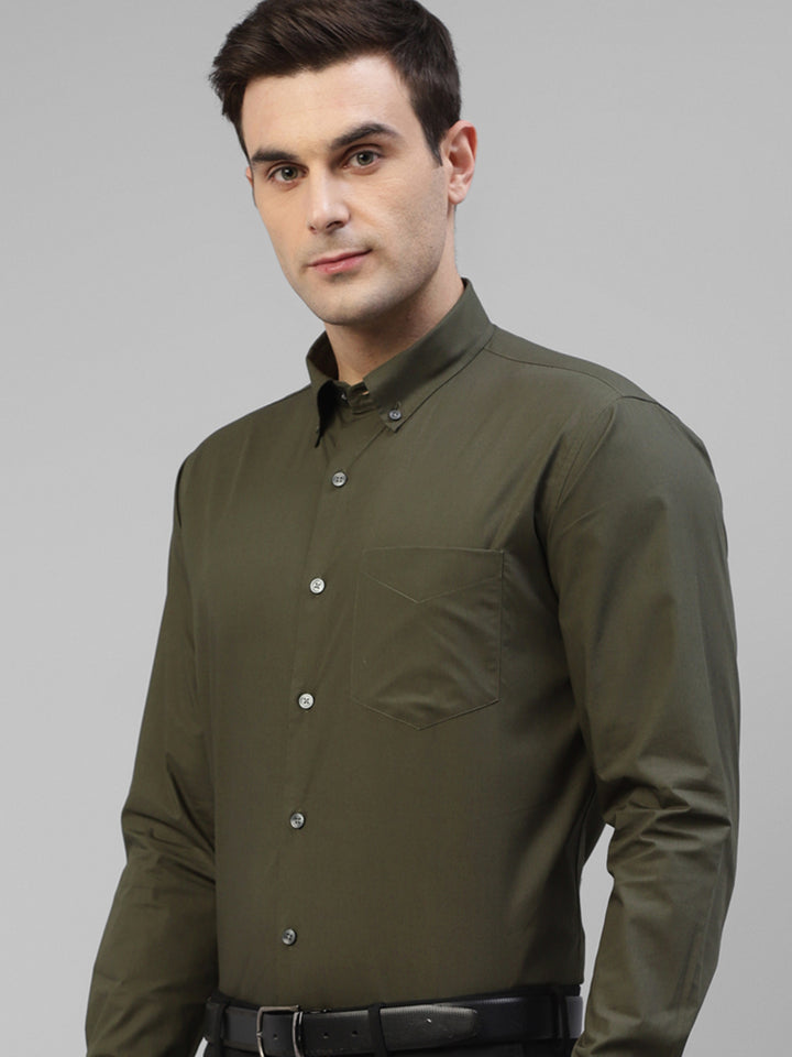 Men Olive Solid Pure Cotton Slim Fit Formal Shirt