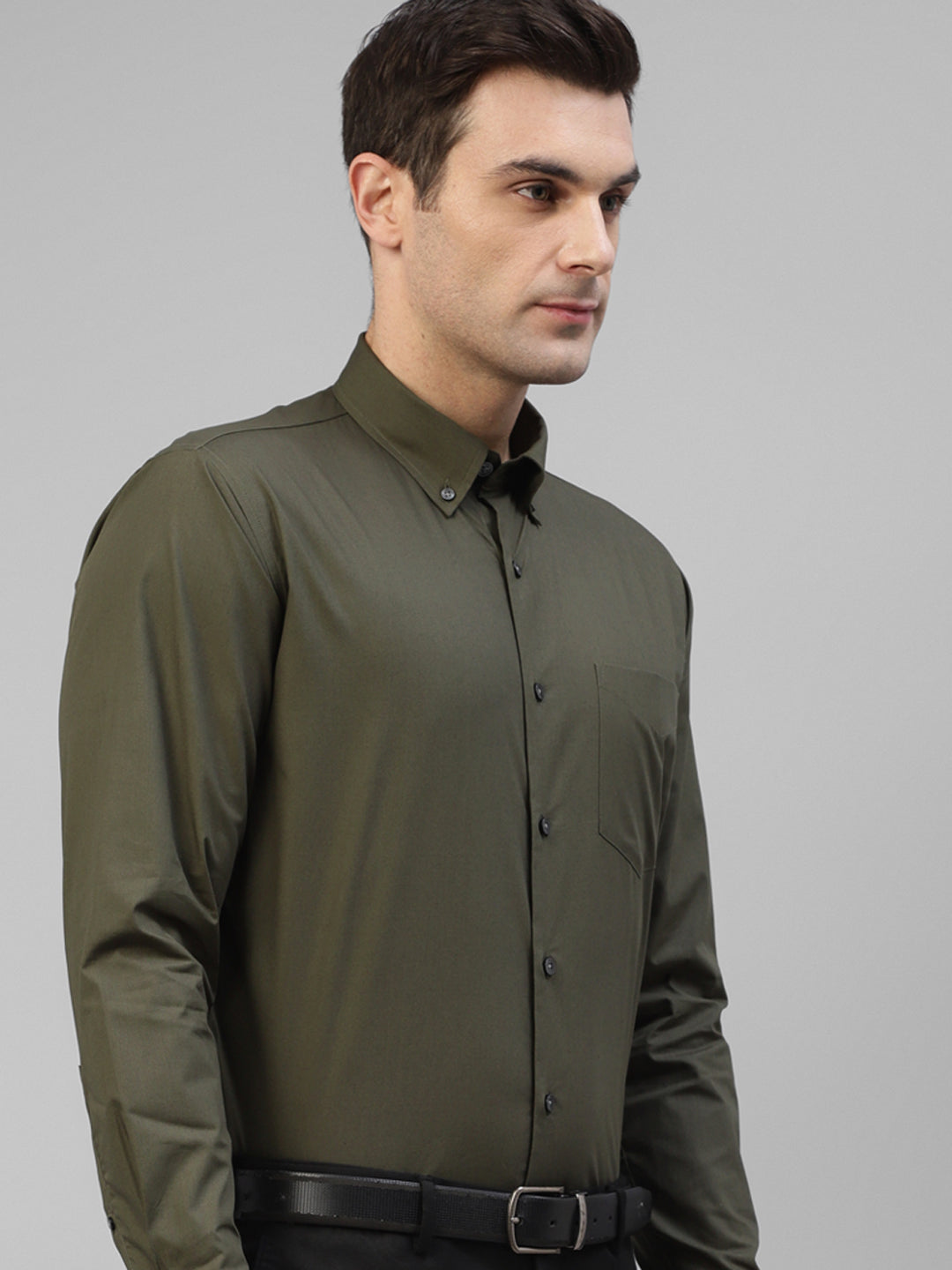 Men Olive Solid Pure Cotton Slim Fit Formal Shirt