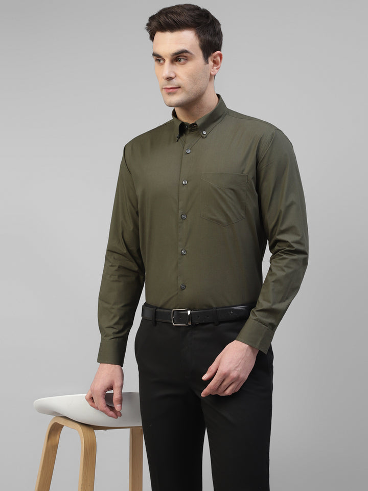 Men Olive Solid Pure Cotton Slim Fit Formal Shirt