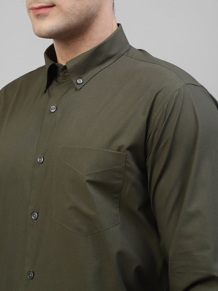 Men Olive Solid Pure Cotton Slim Fit Formal Shirt