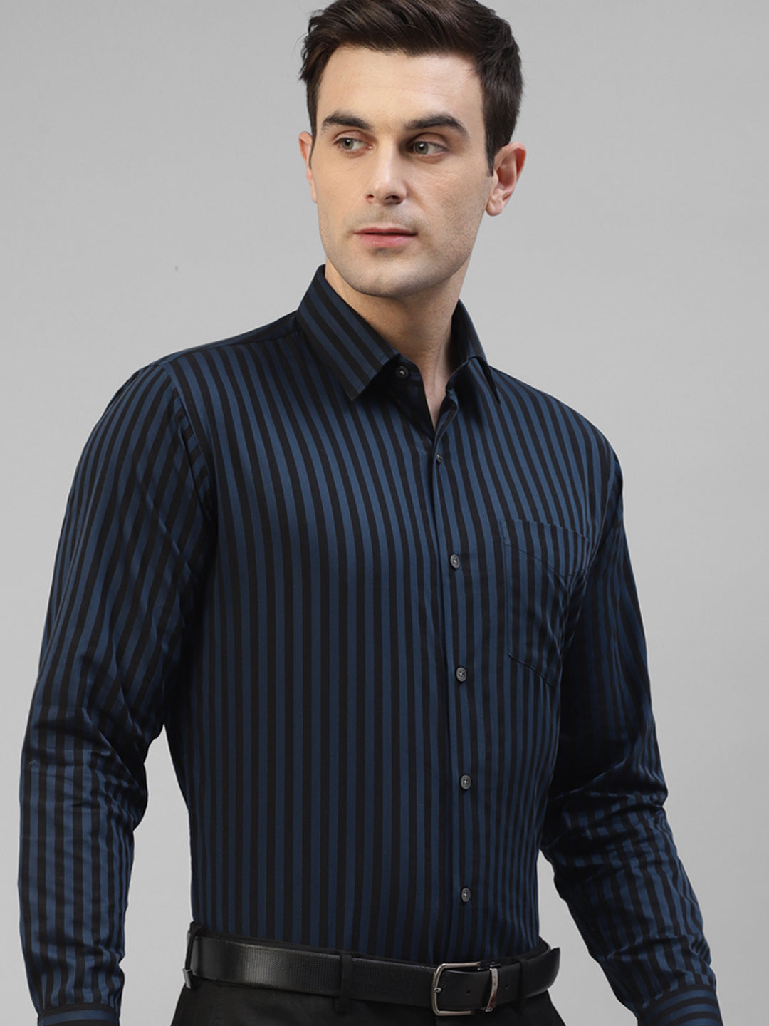 Men Blue & Black Candy Striped Pure Cotton Slim Fit Formal Shirt