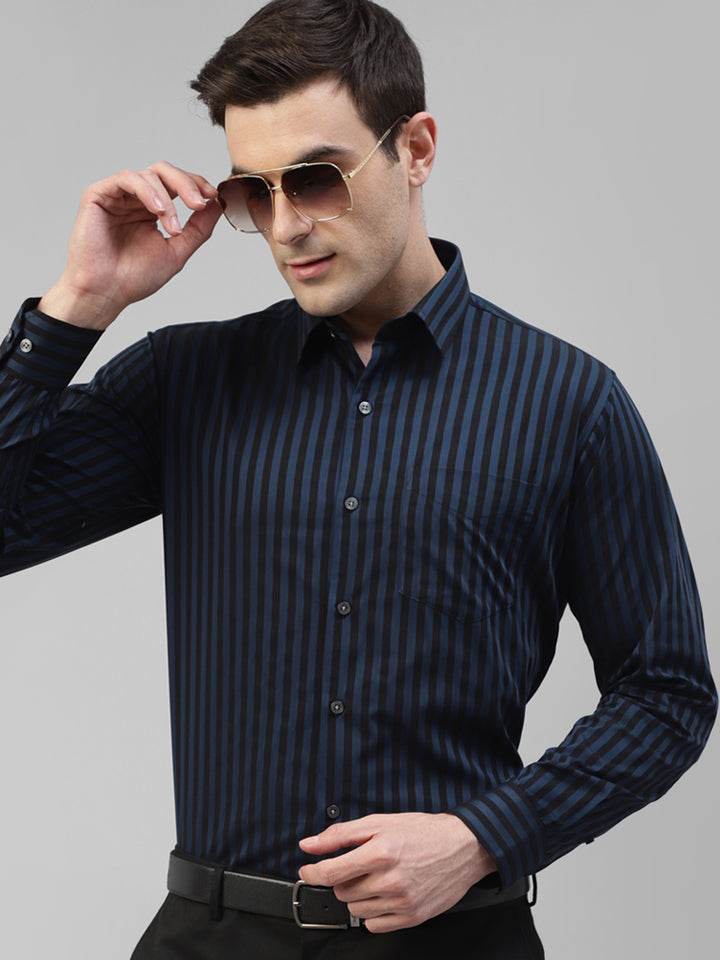 Men Blue & Black Candy Striped Pure Cotton Slim Fit Formal Shirt