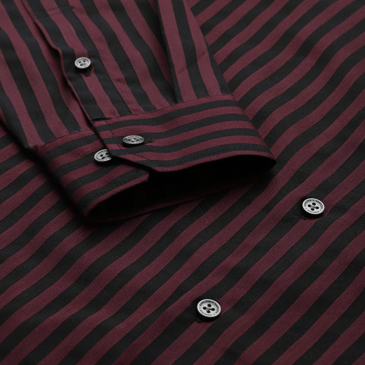 Men Maroon & Black Candy Striped Pure Cotton Slim Fit Formal Shirt