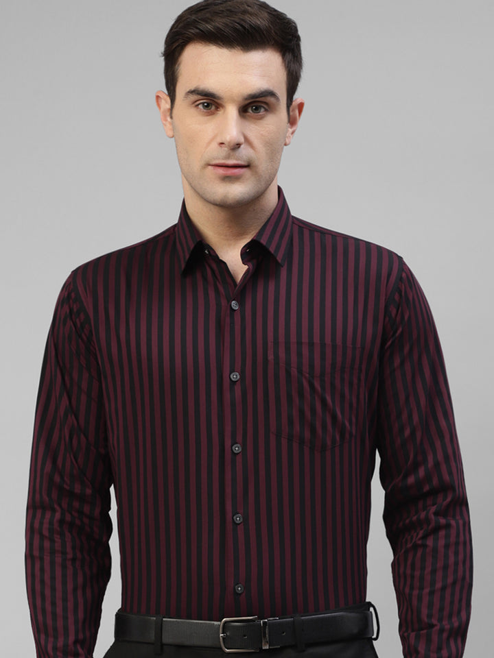Men Maroon & Black Candy Striped Pure Cotton Slim Fit Formal Shirt