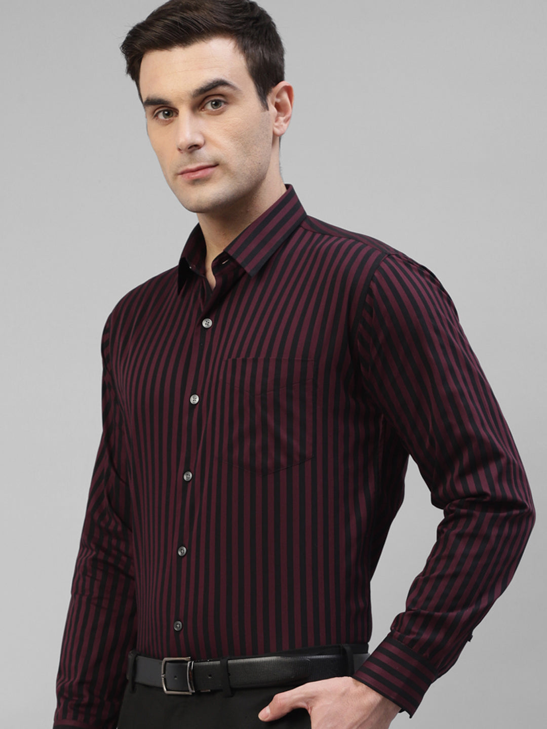 Men Maroon & Black Candy Striped Pure Cotton Slim Fit Formal Shirt